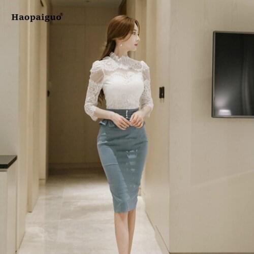 Plus Size 2 Piece Set Women Suit 2021 Summer O-neck Lace Blouse Shirts Tops and Blue Pencil Midi Skirt Crop Top and Skirt Set