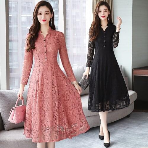 2021 Autumn Winter New 4XL Plus Size Vintage Lace Midi Dresses Women Bodycon Korean Black Sexy Dress Long Sleeve Runway Vestidos
