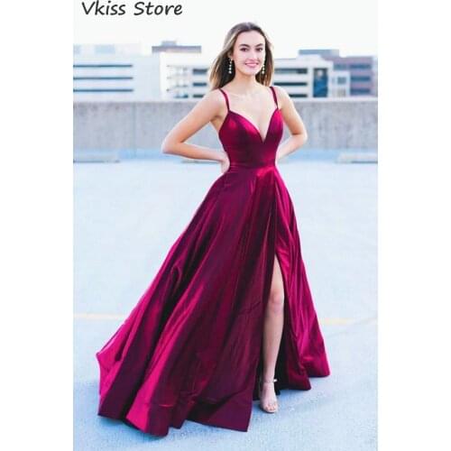 Vkiss Prom Dress Satin Fuchsia A-line Sexy Backless Spaghetti Strap V-neck Simple Split Evening Dress vestido de fiesta de boda