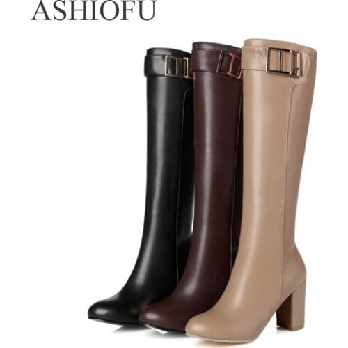ASHIOFU Handmade Women Knee Boots Chunky Heel Club Party Prom Boots Buckle Fashion Winter Evening Boots Shoes
