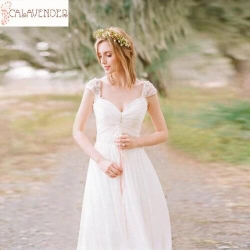 Boho White Beach Wedding Dress A-Line with Cap Sleeve Bridal Dresses Lace Appliques Pearls Beaded robe mariee