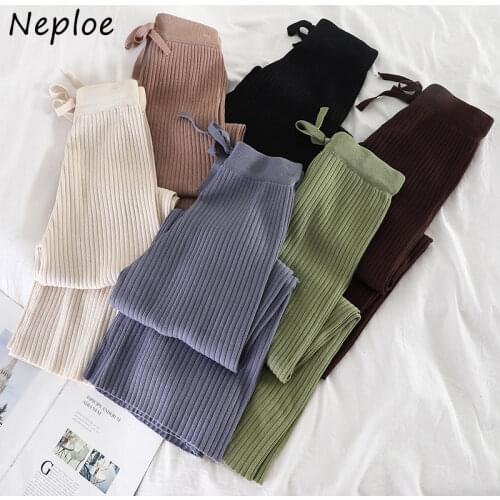 Neploe Knitted Pants Women New Fashion Korean Solid Lace Up Stretch Waist Trousers Casual Loose Wide Leg Pants Femme 42747
