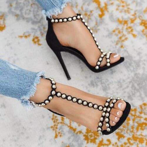 Carpaton Newest Rivets Studded T-strap High Heel Shoes Summer Sexy open Toe Thin Heels Sandals Cutouts Dress Shoes