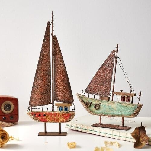 Creative Wooden Ship Model Modern Home Decoration Iron Retro Sailboat Figurines Office Desk Decorative Birthday Christmas Gifts