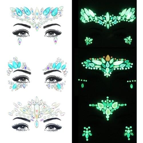 Noctilucent Face Gems Luminous Temporary Tattoo Stickers Acrylic Crystal Glitter Stickers Waterproof Face Jewels Rainbow