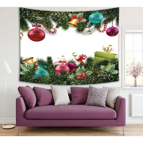 Tapestry Merry Christmas and Happy New Year Decor Green Fir Twigs Bells Red Fuchsia Blue Colorful Ornaments Snowflakes Printed