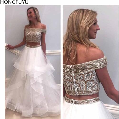 HONGFUYU Beading Prom Dress A Line Two Pieces Long Prom Dresses Evening Gowns vestidos largos de fiesta Tulle White Formal Dress