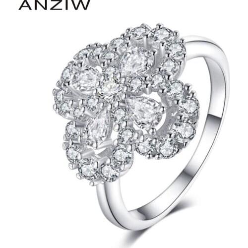 ANZIW Unique Design Flower Shape Wedding Rings Pear Cut Sona Pure 925 Sterling Silver for Women Engagement Lovers Promise Rings