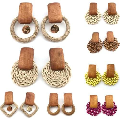 Fashion Women Earrings Handmade Wood Bamboo Rattan Pendant Dangle Drop Earrings girls Summer Beach Trendy Jewelry Boutique gifts
