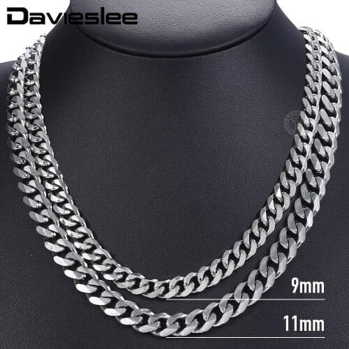 Davieslee Mens Necklace Stainless Steel 9 11mm Gold Black Silver Color 18-36 inch Necklace for Men Link Chain Gifts LKN215