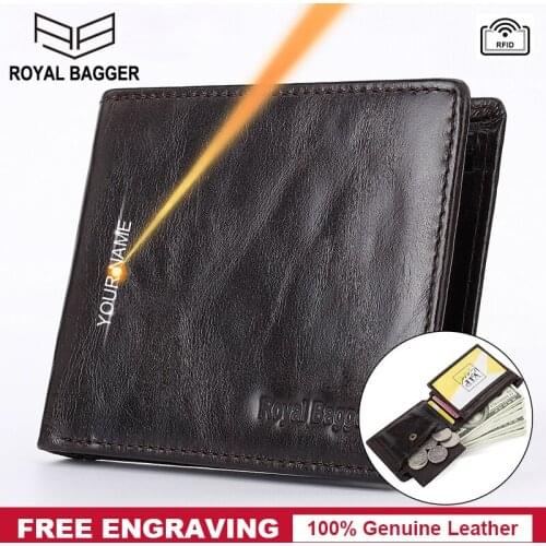 Royal Bagger Mens Short Wallet RFID Block Real Genuine Cow Leather Free Engraving Man Purse Card Holder Retro Fashion