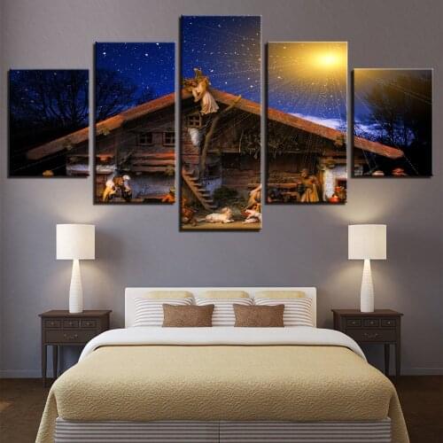 Christmas Printed Canvas Jesus Painting Wall Art Modular Frame 5 Pieces Landscape Religion Poster Living Room Decoration
