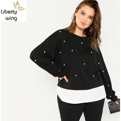 New Autumn Womens Pullovers Fashion Solid O-neck Splice Beads Tops Female Black Casual Long Sleeve Sweatshirts L-5XL