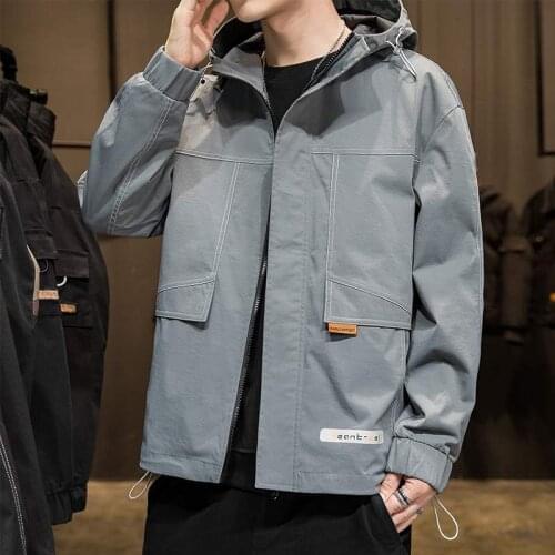 Autumn Mens Hooded Japanese Style Workwear Coat Korean Style Loose Sports and Leisure All-Match Fashion Solid Color Jacket