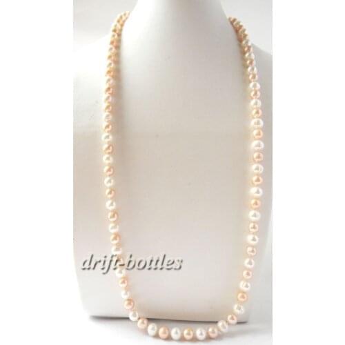 32''10mm Round White Pink Freshwater Pearl Necklace
