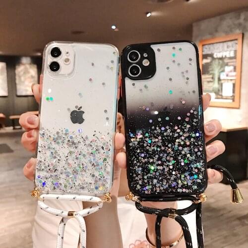 Crossbody Necklace Lanyard Clear Gradient Case for iPhone 12 11 Pro Max XR XS 7 8 Plus Mini SE 2020 Fashion Glitter Epoxy Cover