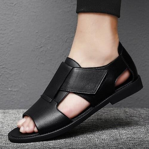 Summer Mens Sandals Leather Open Toe Hollowed Out Velcro Casual Sandals Comfortable Breathable Roman Sandals Black Size 38-44