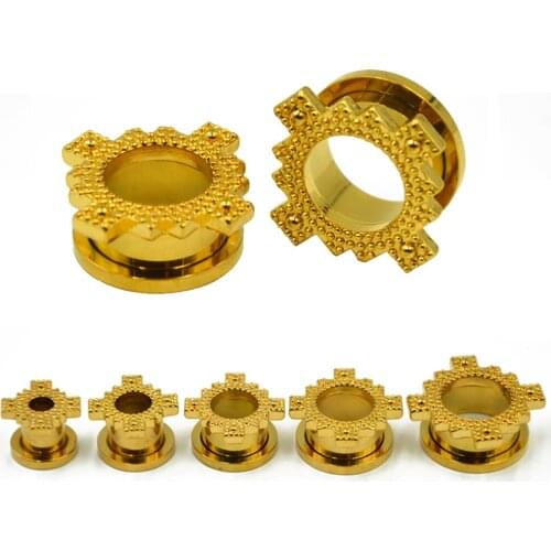 PAIR Sirgoca Steel Gold Flower Screw Fit Ear Flesh Tunnel Plug Gauge Earring Hollow Ear Expander Stretchers Piercing Jewelry