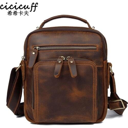 Large Capacity Mens Bag Vintage Crazy Horse Leather Multiple Zipper Pocket Messenger Bag for Man Leather Cross Body Portfolio