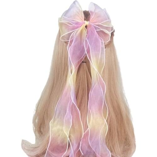 Handmade Large Bow Hair Clip Gradient Rainbow Long Ribbon Braids Hair Accessories Princess Ponytail Styling Hairpins Barrettes