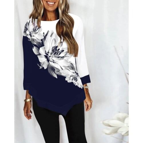 Gradient Floral Print Woman Tshirts/4 Sleeve Tee Casual Irregular Hem Block Color Tops T Shirts O Neck Loose Vintage Clothes G3