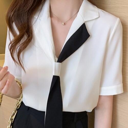 Summer Women White Blouse Short Sleeve Bow V-Neck Chiffon Blouse Shirt Tops Blouse Women Blusas Mujer De Moda 2021 Blouses E990