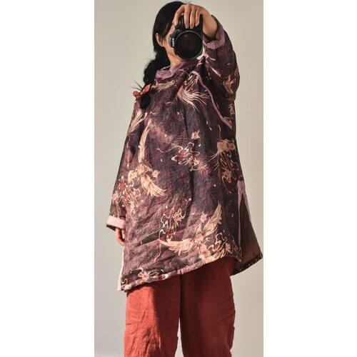 Women Loose Printed Cotton Ramie Parkas Padded Coat Female VIntage Ramie Tops Ladies Autumn Winter Coat Parkas