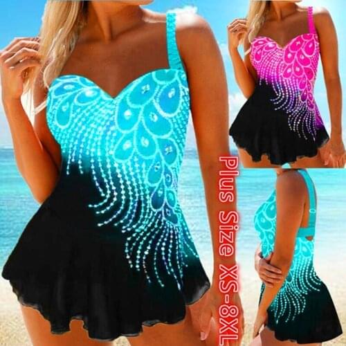 Womens Feather Print Tankini Swimwear With Brief Swim Costume Two Piece Tummy Control Swimsuit High Waist Bathing Suit Plus Size