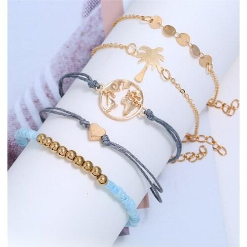 L&H 5PCS/Set Beads Bracelets Bangles Heart/Map Double Thin Blue Link Bracelets For Women Fashion Round Sequins pulseras mujer