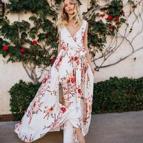 Vintage Floral Print Boho Dress Women Split Sexy Beach Maxi Long Dress V Neck Vestidos Sash Lace Up 2019 Summer Dresses DD1905