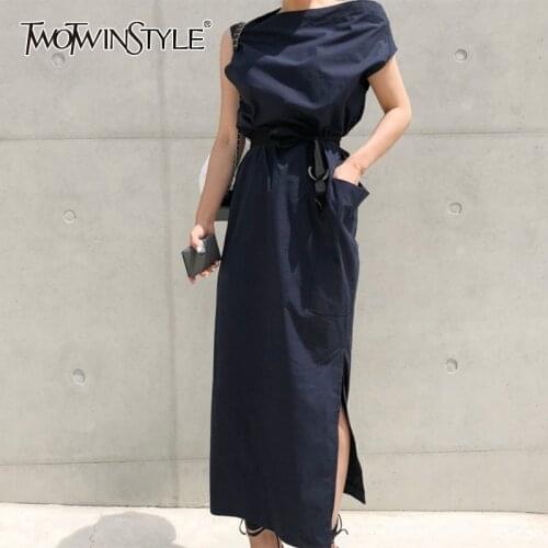 TWOTWINSTYLE Elegant Dress For Women Slash Neck Short Sleeve Off Shouder Lace Up High Waist Side Split Dresses Female Summer