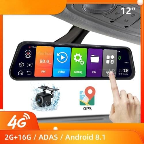 12 "4G Wifi Touch Screen Car DVR Streaming Android 8.1 GPS Navigation Dual Lens Rear View Camera 1080P Recorder Backup Camera