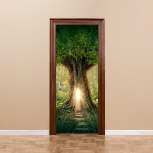 200x38.5cm 2pcs/set Waterproof Wall Paper Imitation 3D Door Sticker PVC Self-adhesive The Fantasy Tree House in the Forest