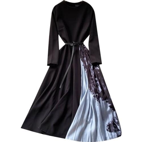 2021 Womens Autumn And Winter Casual Dress Round Neck Long Sleeve Slim Patchwork Pleated Chic Elegant Party Dress Vestidos