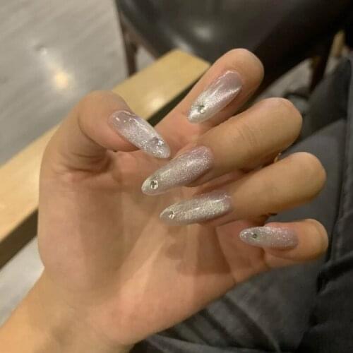 24PCS false nails with designs Crystal cats eye drill lengthening bride Manicure patch removable False nails TN