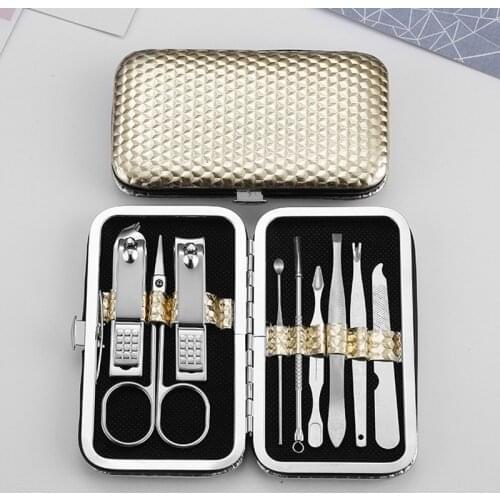 9 PCS/set Gold Stainless Steel Nail Clipper Nail Scissors Acne Needle Multifunction Beauty Nail Trimming Pedicure Kit