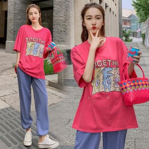 9520# O Neck Maternity Tops+ Pants Two-piece Maternity Clothes Loose Set Pregnant Women Pregnancy Clothes