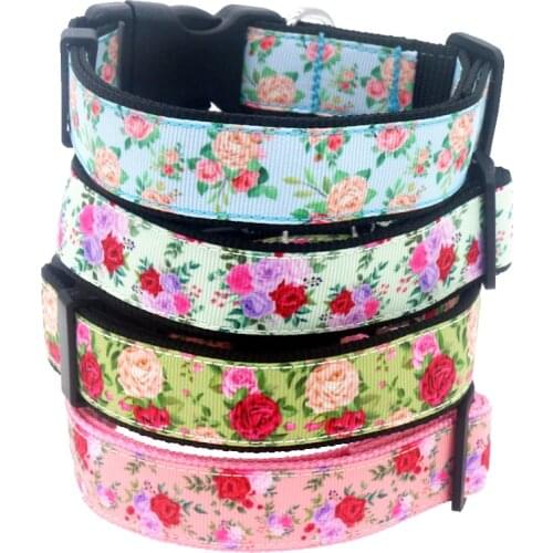 DUWES 1'' 25mm Dog Collar Flowers Personalized Adjustable High Quality Ribbons Pet Collars D1583