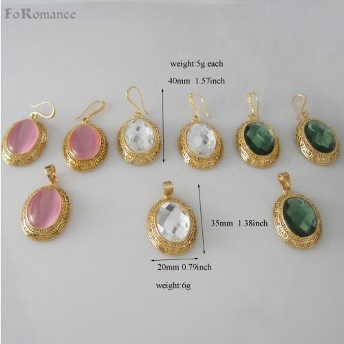 FoRomance- GOLD GP GREEN / PINK / CLEAR STONE VIVID OVAL SHAPE PENDANT 18" NECKLACE EARRING SET