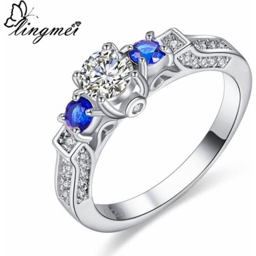 Lingmei Exquisite Cocktail Female Round Cut White & Blue Zircon Silver Color Ring Size 6 7 8 9 Wedding Bride Jewelry Gifts