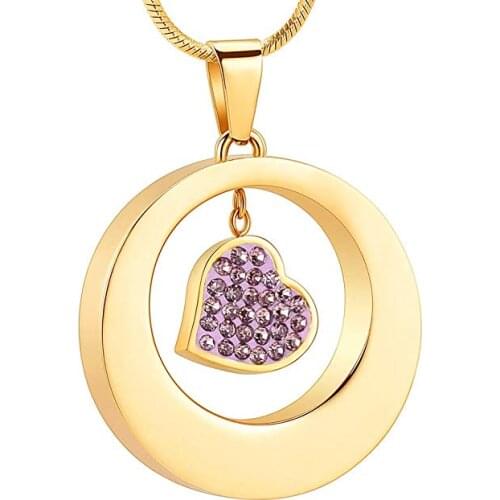 JJ8251 Purple Crystal Heart&Circle Urn Necklace For Cremation Ashes Of Loved One Engravable Keepsake Pendant Memorial Jewelry
