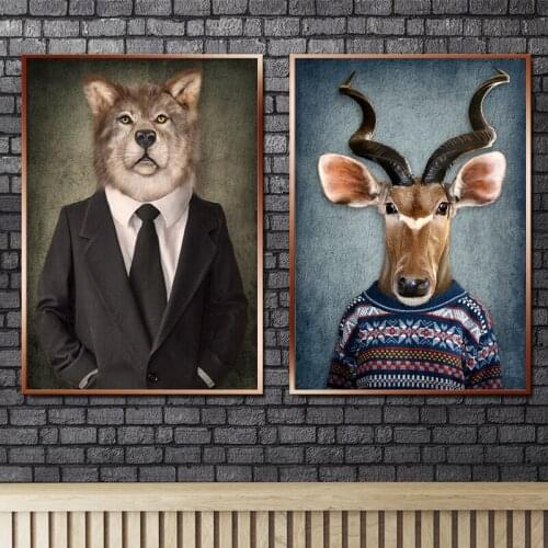 Canvas Painting Animals In Cloth Retro Style Wall Art Lion Wears A Suit Poster Wolf Elephant Print Picture for Living Room Decor