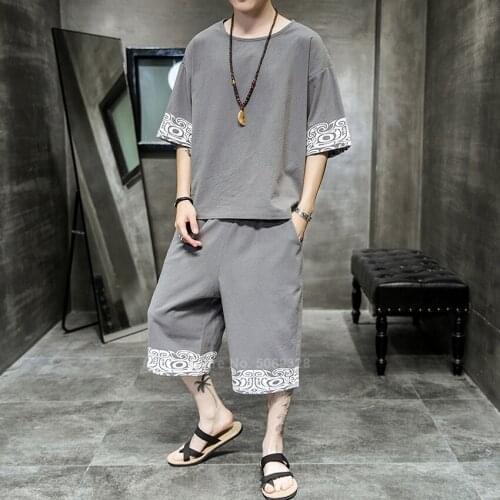 Summer Japanese Style Clothing Set Samurai Man T-shirt Trousers Linen Breathable Chinese Suit Kimono Top Cropped Pants Outfit