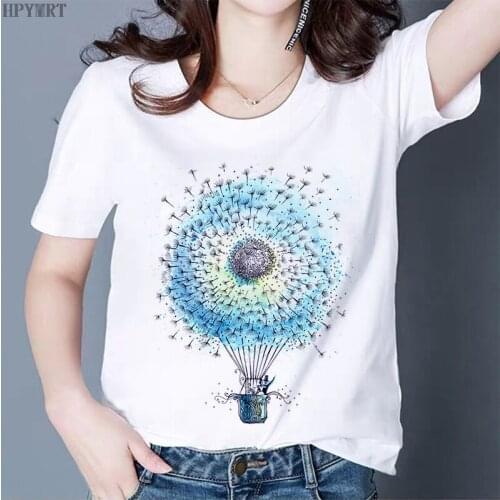 Dandelion Print Fashion T-shirt Harajuku Tops Female T Shirt Casual O-neck Streetwear White Tshirt Womens Short-sleeved clothes