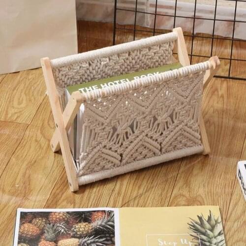 Nordic Cotton Woven Storage Basket Boho Macrame Magazine Rack Desktop Book Shelf Photo Prop