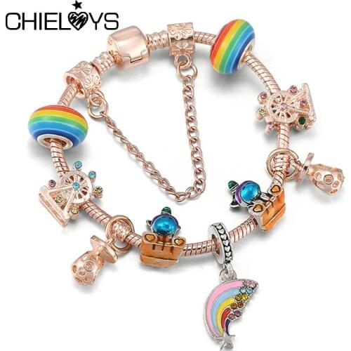 Lovely Ferris Wheel & Unicorn Beads Charm Bracelets With Rainbow Dangles Bracelets Bangle For Women Kids DIY Jewelry Gift