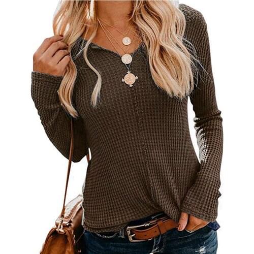 Autumn Womens Long Sleeve Knitted Waffle T-shirts Casual V Neck Loose Tee Tops WDC5945