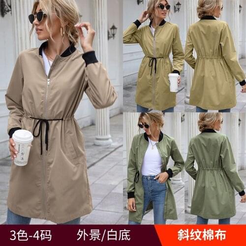 Fashion Women Outdoor Dust Coat Autumn Long Sleeve Stand Collar Cardigan Slant Pocket Drawstring Streetwear
