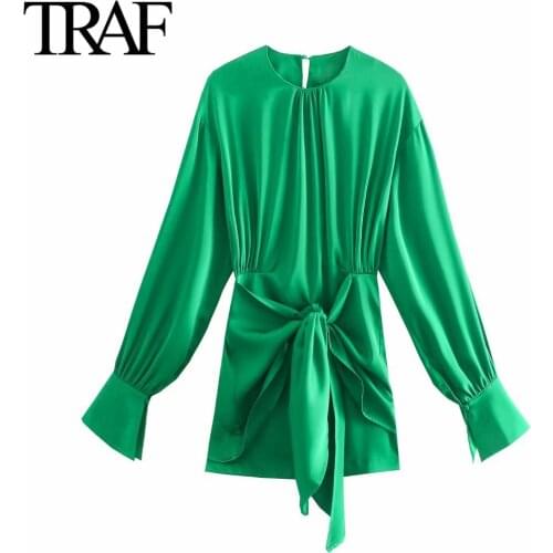 Traf Za Women Clothing 2021 Spring Autumn Chic Long Sleeve Green Dress French Fashion Bowknot Rayon Satin Dresses Mini Dress