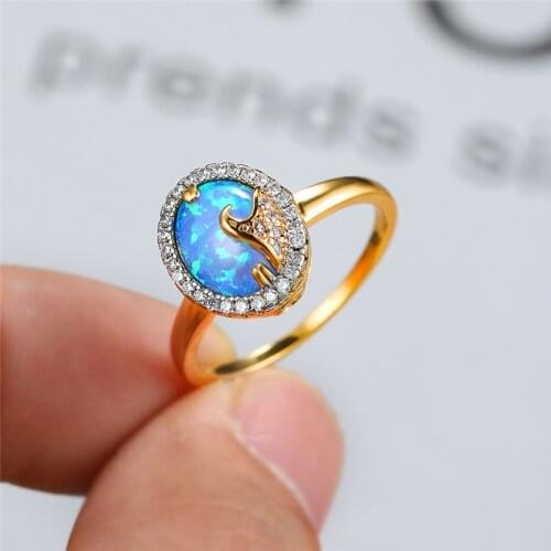 Luxury Female White Blue Wave Ring Classic Gold Color Thin Wedding Rings For Women Charm Crystal Oval Opal Engagement Ring